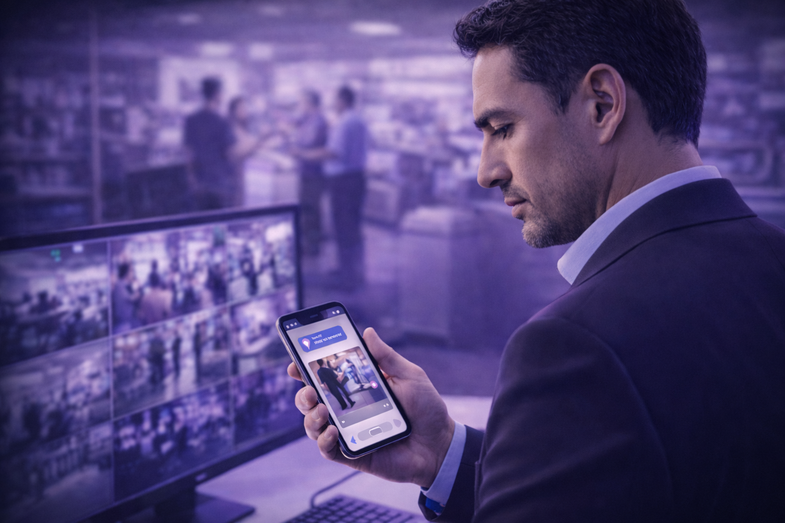 Владелец с телефоном и монитором с камерами